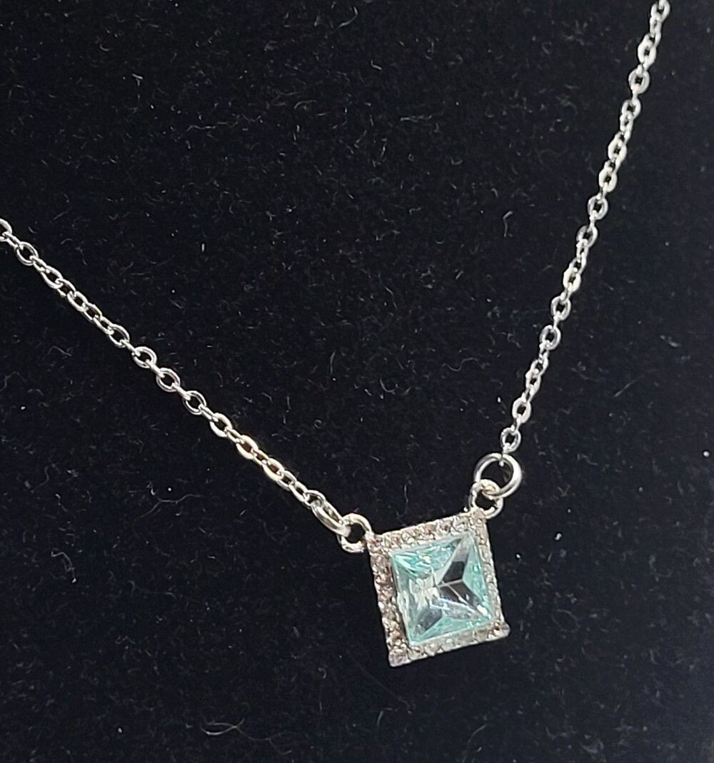 Princess Cut Hao Pendant Silvertone Aquamarine Dainty Delicate Necklace 18in